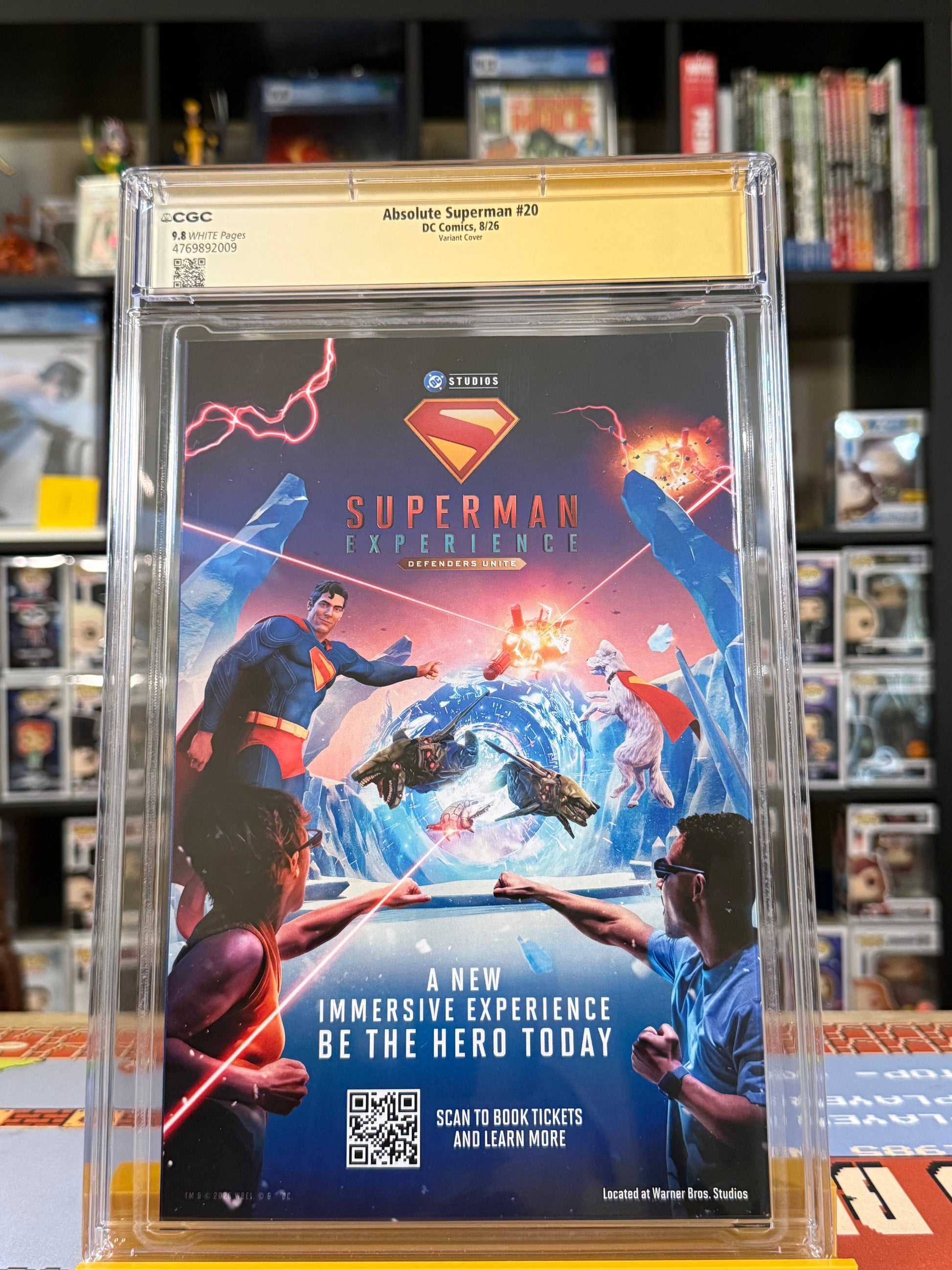 Absolute Superman #20 Cover B David Nakayama Connecting Card Stock Variant, CGC Signature Series 9.8 Yellow Label, signed by David Nakayama, featuring Superman flying forward with glowing golden arms against an orange-lit city skyline,