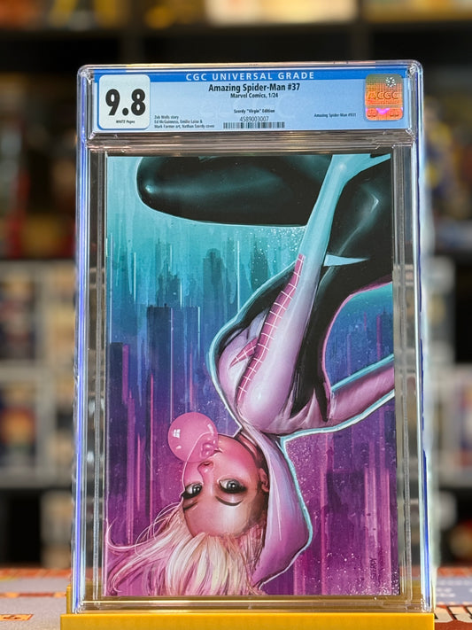 Image of Amazing Spider-Man #37 CGC 9.8 featuring a Virgin Variant cover of Spider-Gwen illustrated by Nathan Szerdy. Spider-Gwen is showcased in a dynamic pose with vibrant modern comic art, encapsulated in a CGC slab.