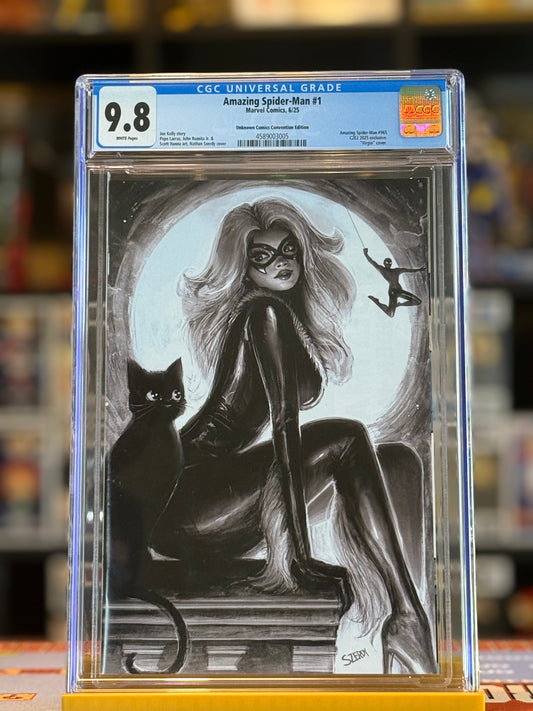 CGC 9.8 graded Amazing Spider-Man #1 Nathan Szerdy Black Cat C2E2 Black and White Virgin Exclusive Variant comic book, front cover slab image.