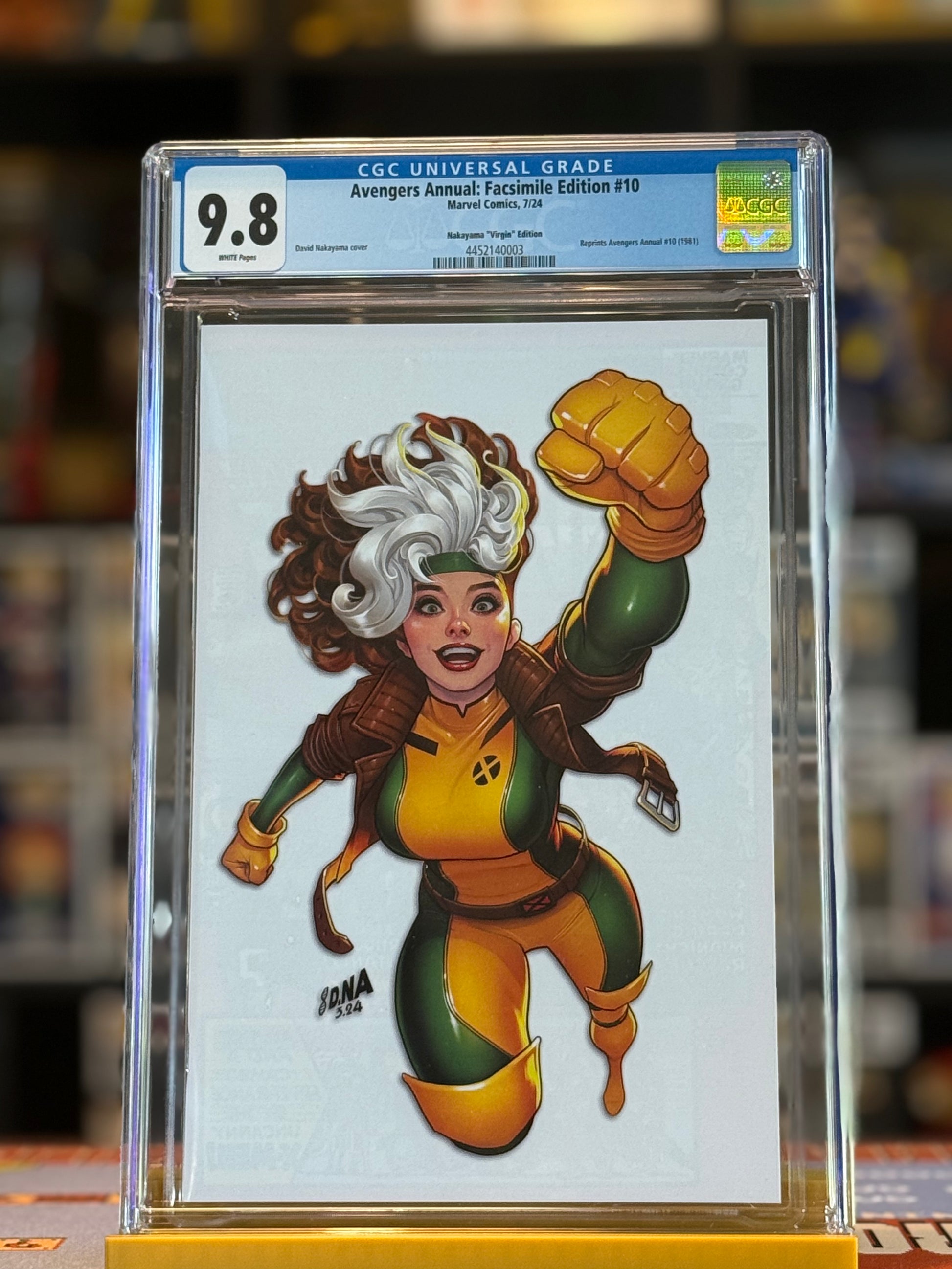 CGC-graded 9.8 Avengers Annual #10 Facsimile Edition featuring a full-art virgin cover by David Nakayama. The image shows Rogue in a vibrant modern illustration with no trade dress, sealed in a clear CGC case.