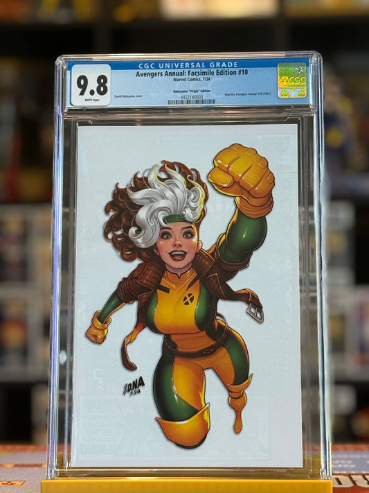 CGC-graded 9.8 Avengers Annual #10 Facsimile Edition featuring a full-art virgin cover by David Nakayama. The image shows Rogue in a vibrant modern illustration with no trade dress, sealed in a clear CGC case.