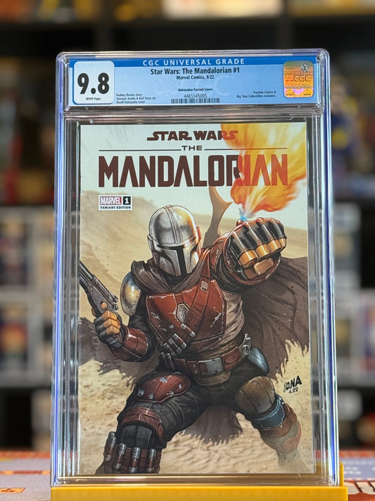 High-resolution image of Star Wars: The Mandalorian #1 CGC 9.8 graded comic featuring the exclusive David Nakayama variant cover. The artwork showcases Din Djarin in full Mandalorian armor with bold lighting and dramatic presentation, encapsulated in a clear CGC slab.