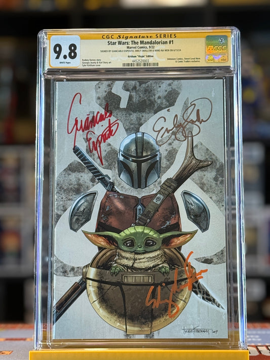 Star Wars The Mandalorian #1 CGC 9.8 Signature Series Virgin Variant triple signed by Giancarlo Esposito, Emily Swallow, and Ming-Na Wen – Tyler Kirkham cover.