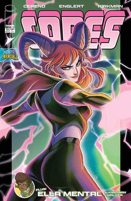 Invincible Universe Capes #12 Cover E Sweeney Boo Variant featuring Ella Mental with flowing orange hair, a horned headpiece, and a green superhero costume surrounded by vibrant pink and green lightning, published by Image Comics.
