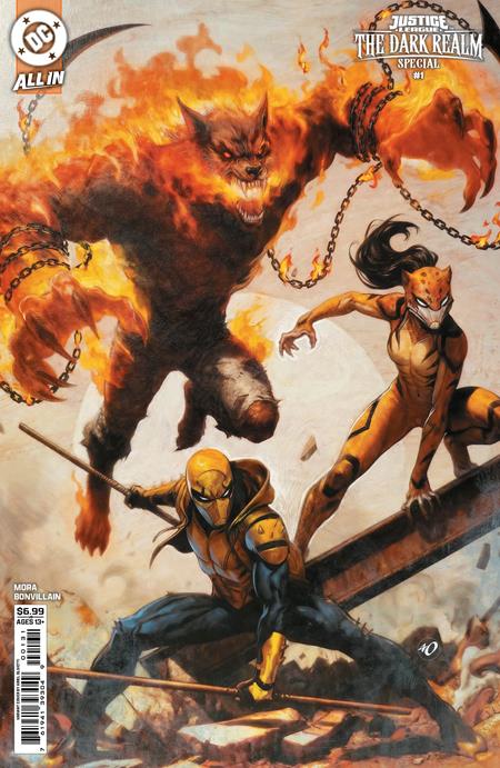 Justice League: The Dark Realm Special #1 Cover C Ariel Olivetti Variant featuring Cadejos as a massive flaming wolf-like creature with glowing eyes and chained claws, towering over two masked heroes amid burning debris and supernatural flames.