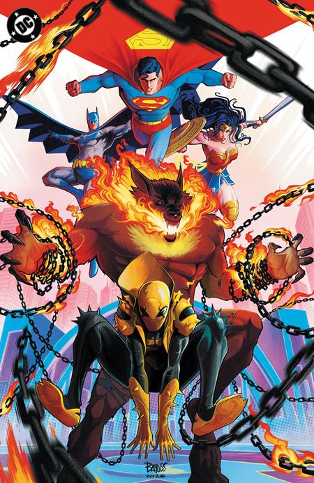Justice League: The Dark Realm Special #1 Cover E Daniel Bayliss Foil Variant featuring a fiery wolf-like Cadejos surrounded by flaming chains, with Superman, Batman, Wonder Woman, and other heroes charging into battle against a vibrant red and white background.