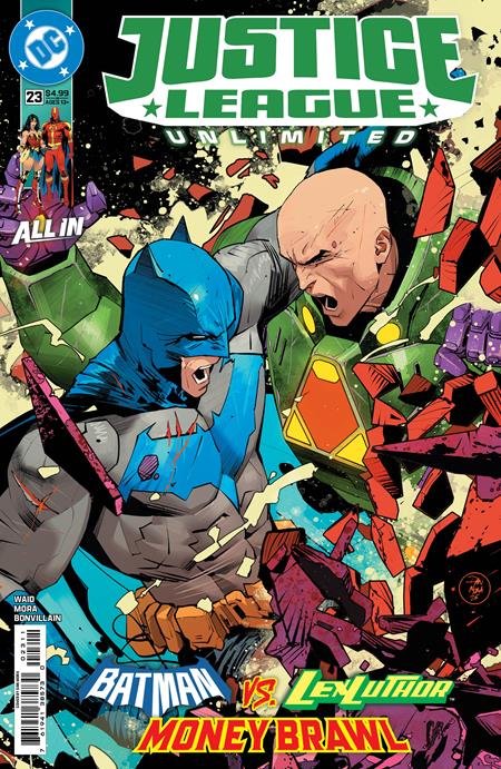 Justice League Unlimited #23 Cover A by Dan Mora featuring Batman battling Lex Luthor in armored suits amid flying debris.