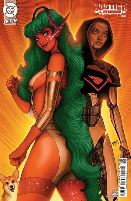 Justice League Unlimited #23 Cover C Nathan Szerdy Variant featuring two female DC heroes posed together against a glowing orange background.