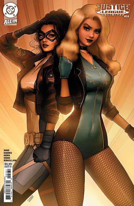 Justice League Unlimited #24 Cover C Nathan Szerdy Variant featuring two masked DC heroines posing back-to-back, including a blonde woman in a green bodysuit and fishnet stockings alongside a dark-haired woman wearing a black mask, tactical jacket, and utility belt against a warm golden background.