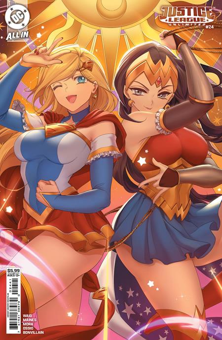 Justice League Unlimited #24 Cover D Rachta Lin Variant featuring anime-style Supergirl and Wonder Woman posing together in colorful blue, red, and gold costumes against a glowing golden background with stars, sparkling effects, and decorative celestial designs.