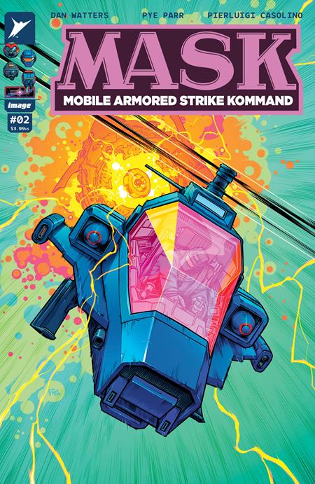 M.A.S.K. #2 CVR A by Pye Parr featuring Matt Trakker, Bruce Sato, and Gloria Baker racing to stop V.E.N.O.M. in the Energon Universe from Skybound and Image Comics.