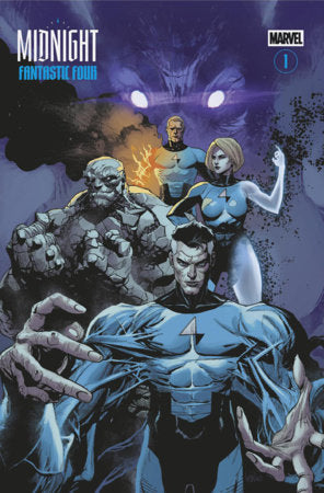 Midnight Fantastic Four #1 Cover H Leinil Yu Variant featuring Mister Fantastic, Invisible Woman, Human Torch, and the Thing with a sinister shadowy figure looming behind them.