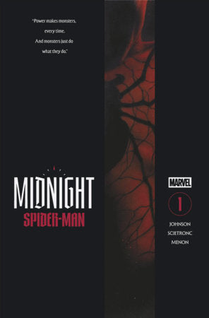 Midnight Spider-Man #1 Cover A by Steve Beach featuring a dark minimalist design with a shadowed Spider-Man figure and red webbing against a black background.