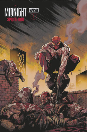 Midnight Spider-Man #1 Cover B Ryan Stegman Midnight Bloodbath Variant featuring a blood-covered Spider-Man crouched atop a pile of fallen figures on a dark city rooftop.