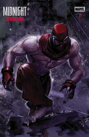 Midnight Spider-Man #1 Cover F Clayton Crain 3-Part Connecting Variant featuring a muscular masked Spider-Man crouching amid dark webbing and debris in a shadowy city scene.