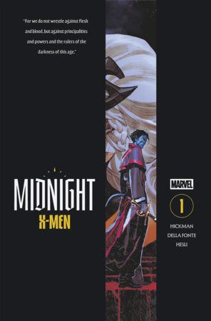 Midnight X-Men #1 Cover A by Dike Ruan featuring a mutant hero standing beneath a massive fanged creature in a narrow illuminated scene framed by a dark minimalist cover design.