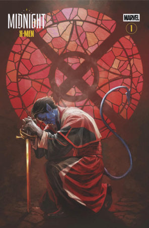 Midnight X-Men #1 Cover C Skan Midnight Special Variant featuring Nightcrawler kneeling with a sword before a large stained-glass X-Men symbol in a dark red gothic scene.