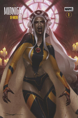 Midnight X-Men #1 Cover E Jeehyung Lee Midnight Gallery 1:25 Variant featuring a fanged Storm with flowing white hair standing inside a candlelit gothic setting.