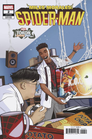 Miles Morales: Spider-Man #2 Nico Leon Tokon Fighting Souls Battle Variant featuring Miles Morales gaming with a friend on a Marvel Tokon themed cover.
