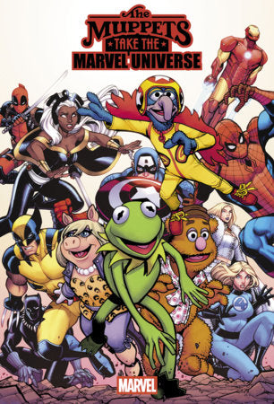 Muppets Take the Marvel Universe #1 Nick Bradshaw cover featuring The Muppets crossing over with Spider-Man and heroes from the Marvel Universe.