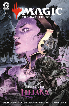 Magic: The Gathering Untold Stories Liliana #1 Cover A by Nataliia Rerekina featuring a large purple portrait of Liliana Vess surrounded by dark fantasy figures, undead warriors, and swirling magical energy.