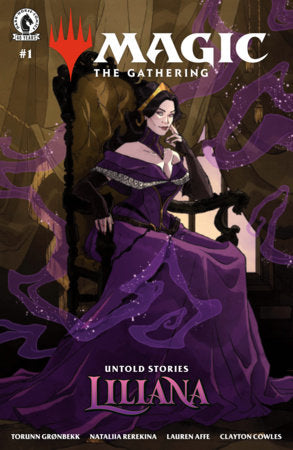 Magic: The Gathering Untold Stories Liliana #1 Cover C Abigail Larson Variant featuring Liliana Vess seated on a dark gothic throne in an elegant purple gown, surrounded by swirling violet magical energy and shadowy tendrils.