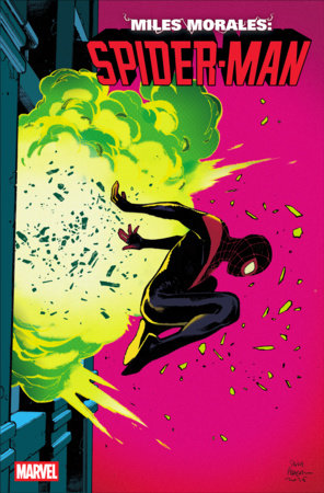 Miles Morales: Spider-Man #2 Sara Pichelli Variant featuring Miles Morales Spider-Man leaping away from a green explosion on a vivid pink cover.