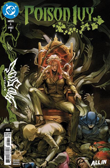 Poison Ivy #48 Cover A by Jessica Fong featuring Poison Ivy seated on a throne above defeated Gotham heroes during the Batman Bad Seeds event.