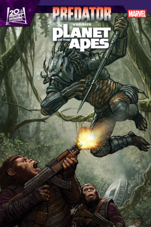 Predator vs. The Planet of the Apes #1 cover by Stonehouse featuring the first-ever crossover between the Predator and Planet of the Apes universes from Marvel Comics.