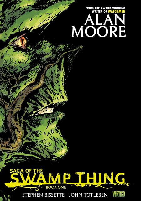 Saga of the Swamp Thing TP Book 01 cover featuring Swamp Thing emerging from the shadows in Alan Moore’s acclaimed horror graphic novel from DC Comics.