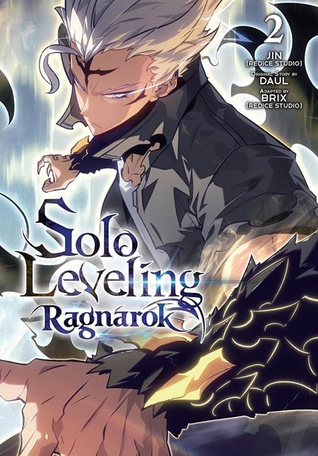 Solo Leveling: Ragnarok Volume 2 Trade Paperback featuring a silver-haired character in dark clothing with glowing golden markings along his arm, surrounded by swirling supernatural energy and dramatic fantasy artwork.