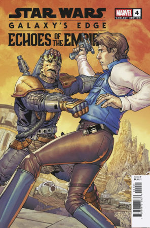 Star Wars: Galaxy's Edge – Echoes of the Empire #4 Giuseppe Camuncoli Variant featuring Han Solo in combat with an armored alien opponent on Batuu in this Marvel Comics collectible cover.