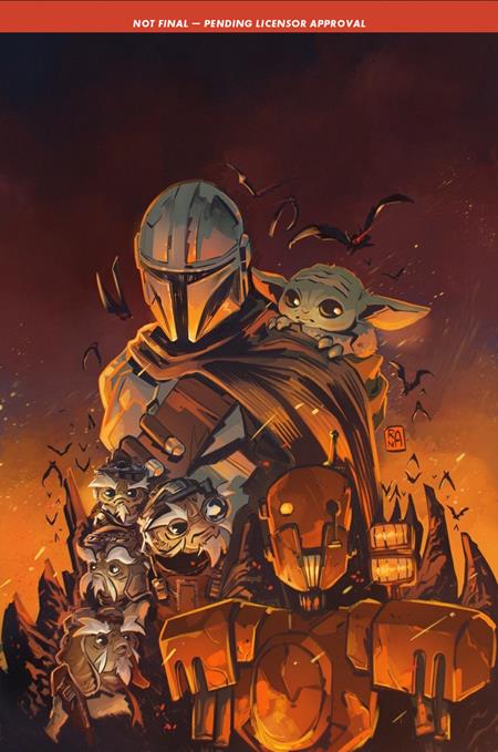 Star Wars: The Mandalorian and Grogu – Nightmare on Nevarro #1 Cover B Alessandro Ranaldi Variant featuring Din Djarin and Grogu above a group of sinister creatures and a menacing mining droid, illuminated by glowing orange lava light.