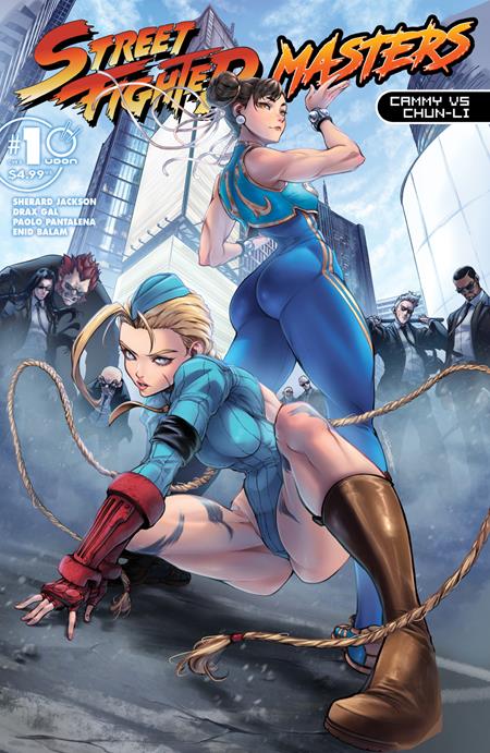 Street Fighter Masters Cammy vs Chun-Li #1 Cover A by Drax Gal featuring Cammy in a blue tactical outfit crouching in the foreground while Chun-Li stands behind her in a blue fighting costume, surrounded by shadowy figures against a modern city backdrop.