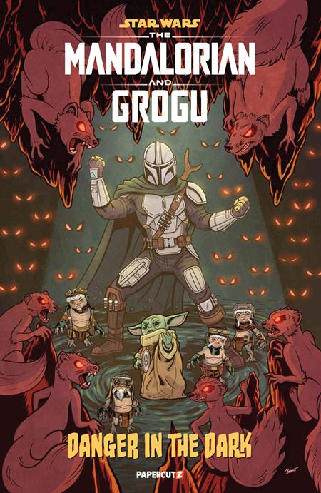 Star Wars The Mandalorian and Grogu Danger in the Dark one-shot cover featuring Din Djarin, Grogu, and Anzellan allies exploring lava tunnels beneath Nevarro in Brent Schoonover artwork.