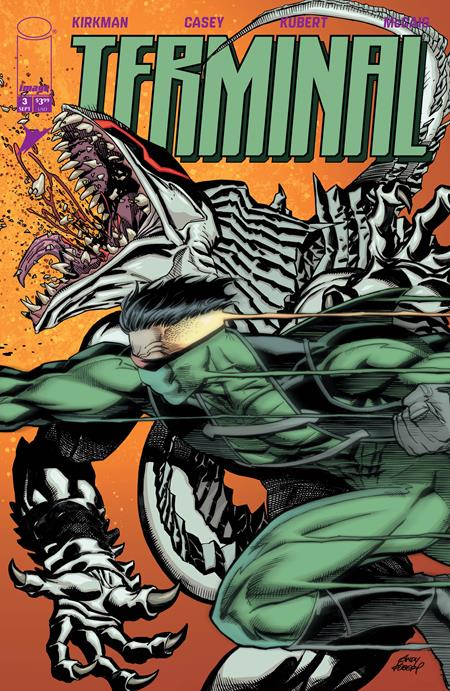 Terminal #3 Cover A by Andy Kubert and Dave McCaig featuring a green-suited hero battling a massive skeletal creature against a fiery orange background.