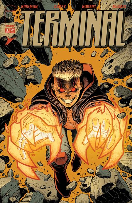 Terminal #3 Cover C Arthur Adams and Dave McCaig Variant featuring a superpowered character charging through debris with glowing energy surrounding both hands.