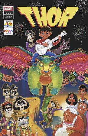 Thor #801 Ben Su Pixar 40th Variant featuring Miguel, Dante, Pepita and characters from Disney Pixar's Coco in colorful anniversary cover artwork.