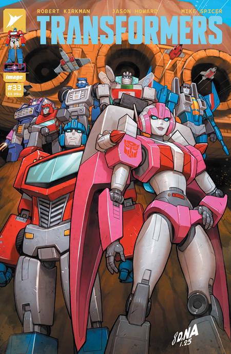 Transformers #33 CVR A by David Nakayama cover featuring Optimus Prime and a newly formed Autobot team on Earth following the battle with Elita, showcasing a high-energy Transformers comic scene.