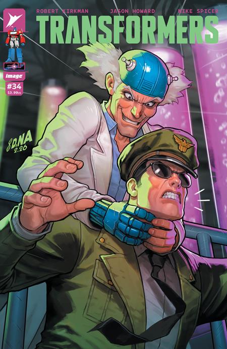 Transformers #34 CVR A by David Nakayama featuring Optimus Prime leading the Autobots on a mission with General Flagg in the Energon Universe from Skybound and Image Comics.