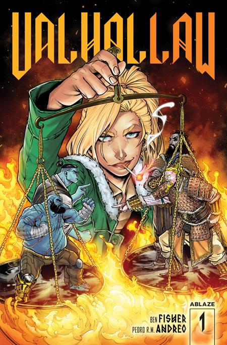ValhalLaw #1 Cover A by Pedro R.M. Andreo featuring Eydis Friggsdottir holding scales balancing Norse characters above supernatural flames
