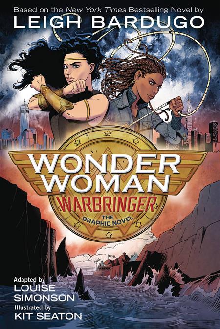 Wonder Woman Warbringer TP cover featuring Diana of Themyscira wielding her weapons as she protects Alia Keralis in this epic DC graphic novel adaptation by Leigh Bardugo and Kit Seaton.
