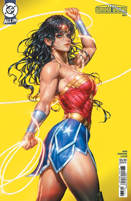Wonder Woman #37 Cover C Kyuyong Eom Card Stock Variant featuring Wonder Woman wielding her glowing Lasso of Truth against a vibrant yellow background.