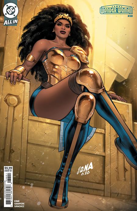 Wonder Woman #38 Cover B David Nakayama Card Stock Variant featuring Queen Nubia seated on a golden throne wearing ornate gold Amazon armor, a jeweled crown, and blue-and-gold boots, with voluminous dark hair against a glowing golden background.