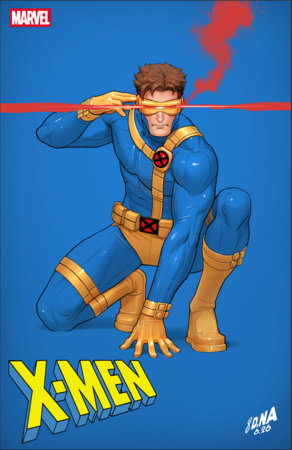 Comic book cover featuring a superhero in a blue and gold costume with a red X on a blue background.